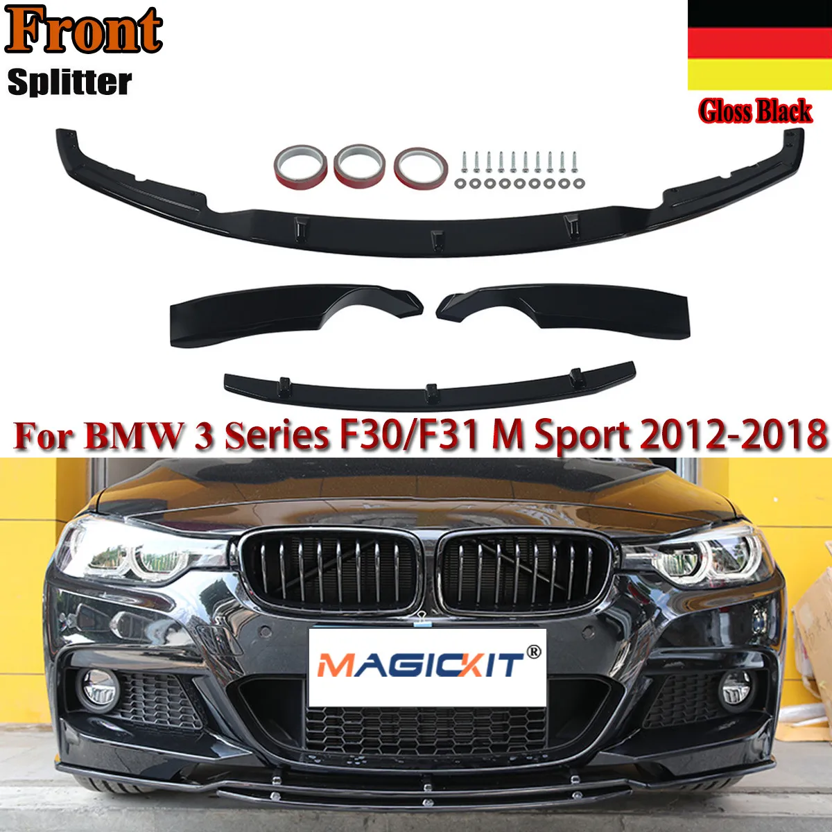 MagicKit FOR BMW 3 SERIES F30 F31 M PERFORMANCE FRONT SPLITTER LIP SPOILER GLOSS BLACK