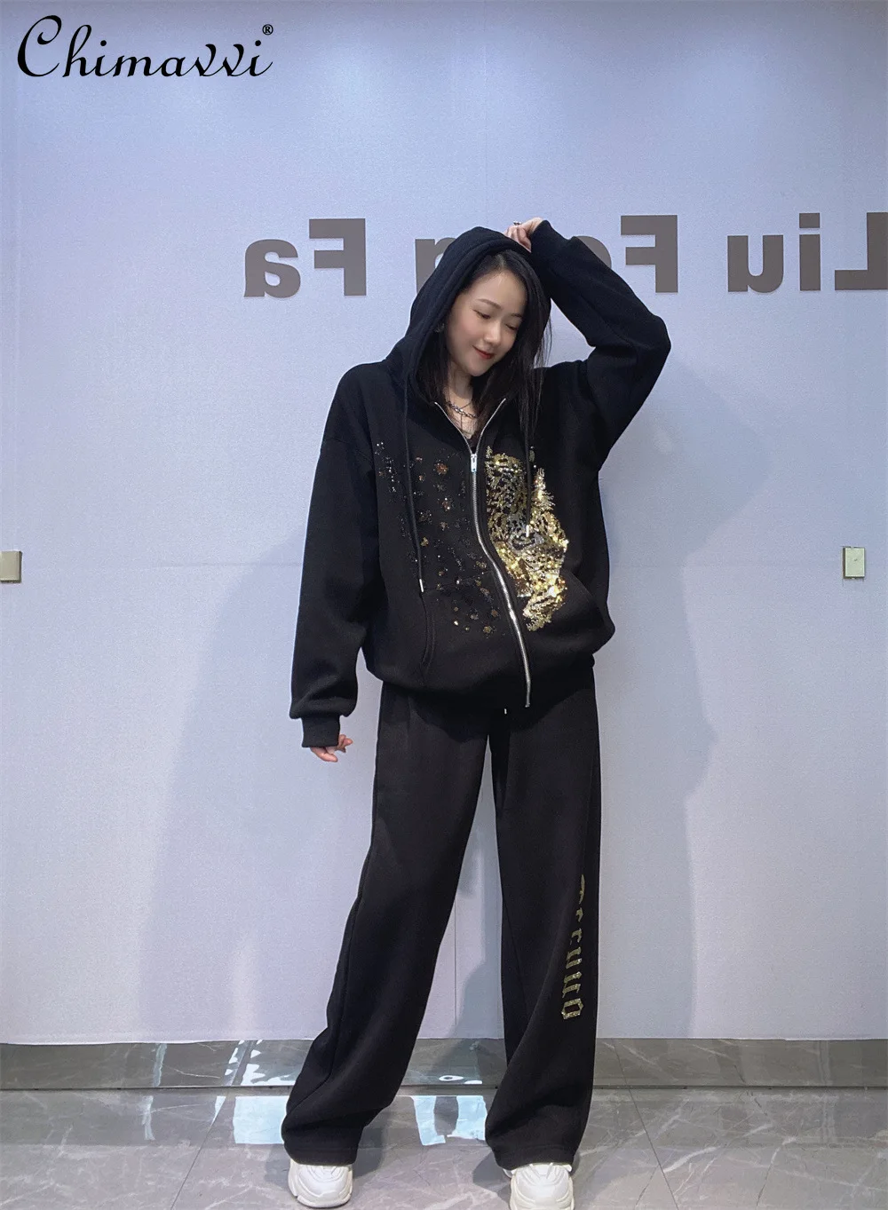 

Модный комплект брюк большего размера, новый зимний тяжелый кардиган, толстовка с капюшоном, женское утолщенное пальто на флисовой подкладке на молнии, комплект из двух предметов