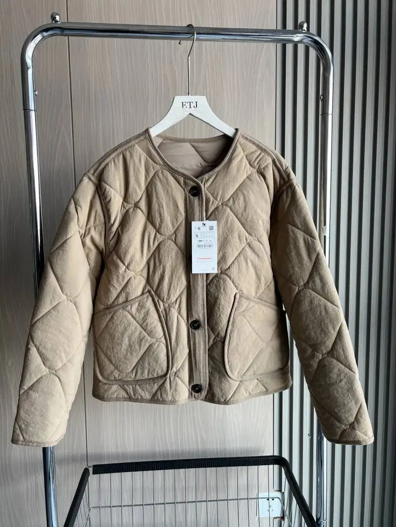 ETJ 2025 TRAF primavera nueva mujer Vintage cuello redondo algodón acolchado versión suelta de chaqueta Casual acolchada