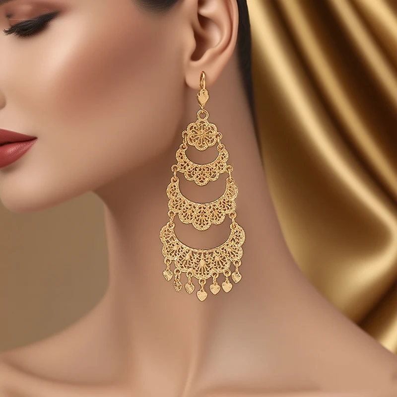 Arabesque Gold Plated Dangle Earrings with Heart Shape Tassels for Women Luxury Wedding Bridal Drop Earring Set