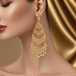 Arabesque Gold Plated Dangle Earrings with Heart Shape Tassels for Women Luxury Wedding Bridal Drop Earring Set