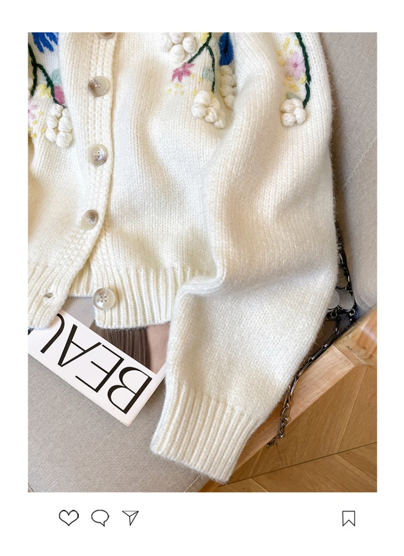 Bomon Heavy Embroidery flower knitted Cardigan lovely woman 2024 early autumn new pure and gentle temperament thickened sweater