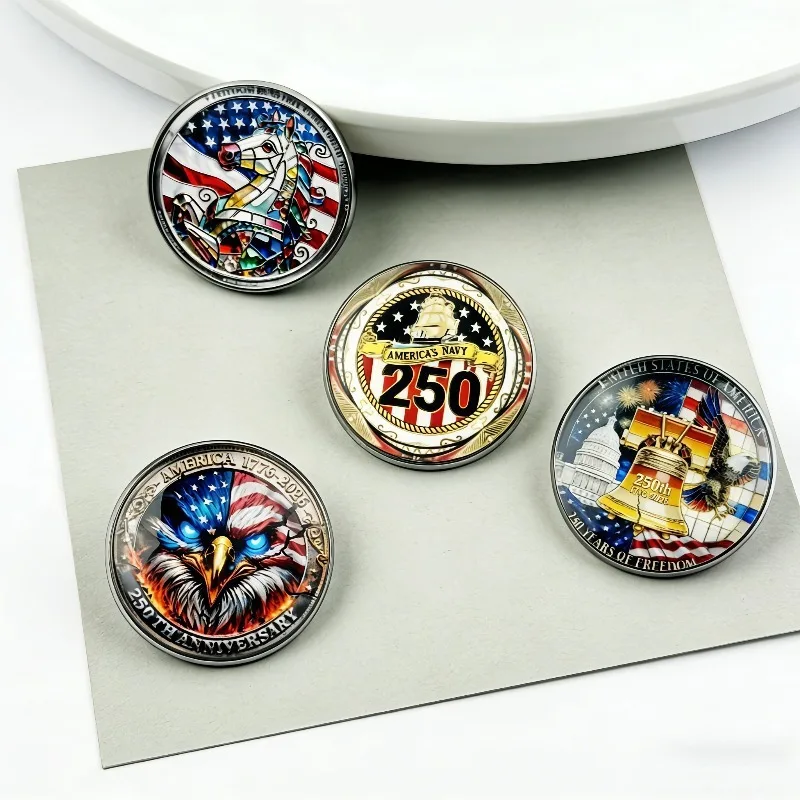 1776-2026 America 250th Anniversary Stained Glass Style Lapel Pins, Round Badges with Eagle Liberty Bell US Navy Designs