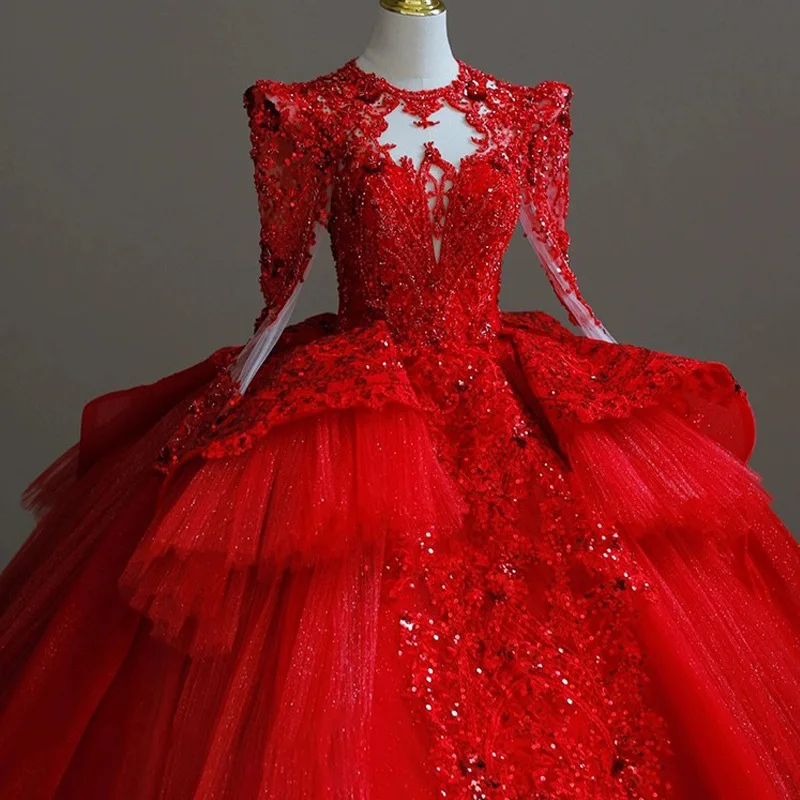 Customized Red Ball Gown Women Wedding Dresses Tulle Long Sleeves Appliques Sequins Bridal Gowns Vestido De Noiva robe de mariée