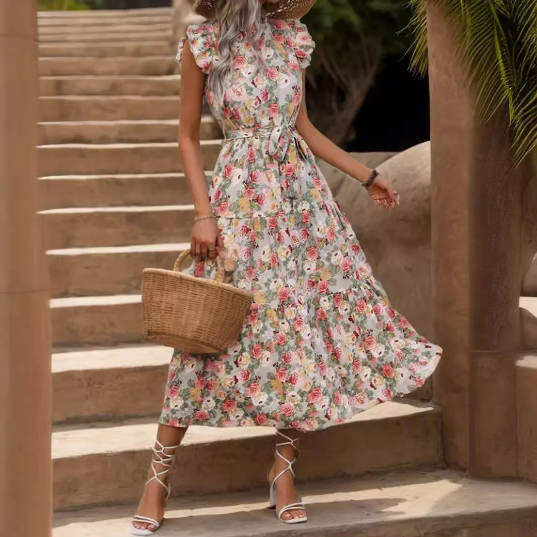 Elegant Floral Prints Dresses For Summer Women Dress 2024 New O-neck Short Flying Sleeves Lace Up High Waisted Midi Dress Woman