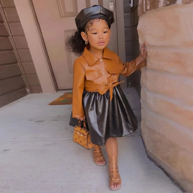 1 8 anni bambini ragazze manica lunga PU Patchwork vestito vestiti autunnali abiti bambini ragazze abiti Casual con abiti da cintura AliExpress