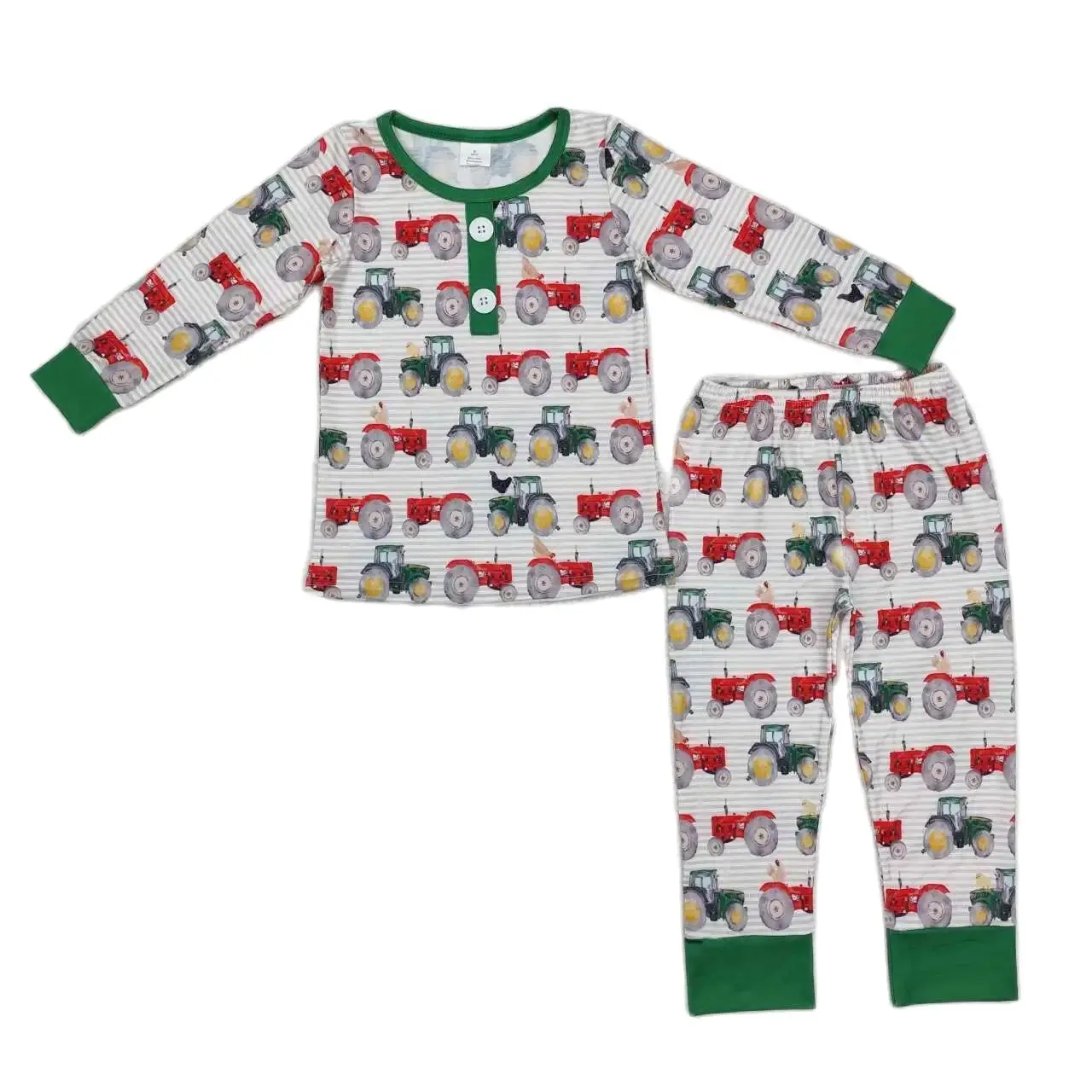 NEW RTS boy bamboo tractor green striped Christmas pajamas set boutique wholesale infant boy holiday clothing