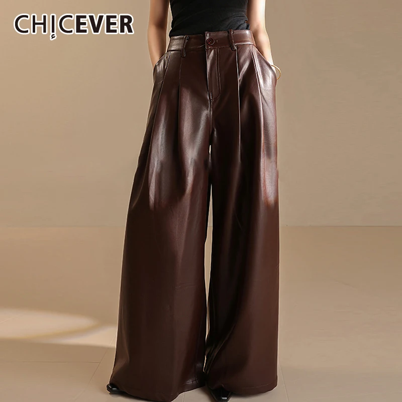 

CHICEVER Retro Pu Leather Casual Pants For Women High Waist Slimming Loose Long Leather Autumn Fashion Trousers Female Clothing