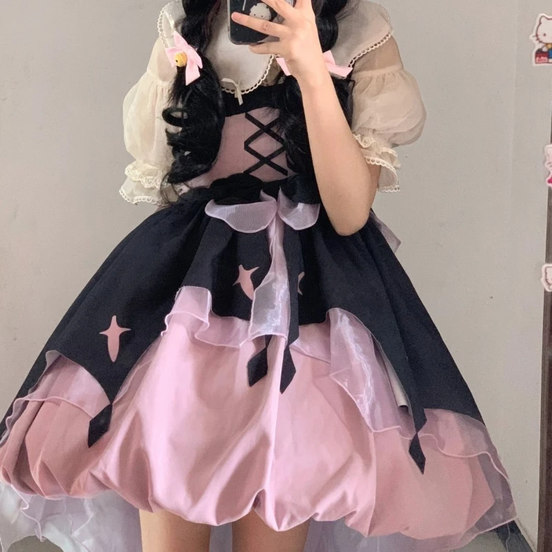 

Japanese Punk Lolita Sweet 2024 Summer Spliced Bow Drawstring Ruffles Fashion Elegant Slim Puff Sleeve Princess Party Dresses