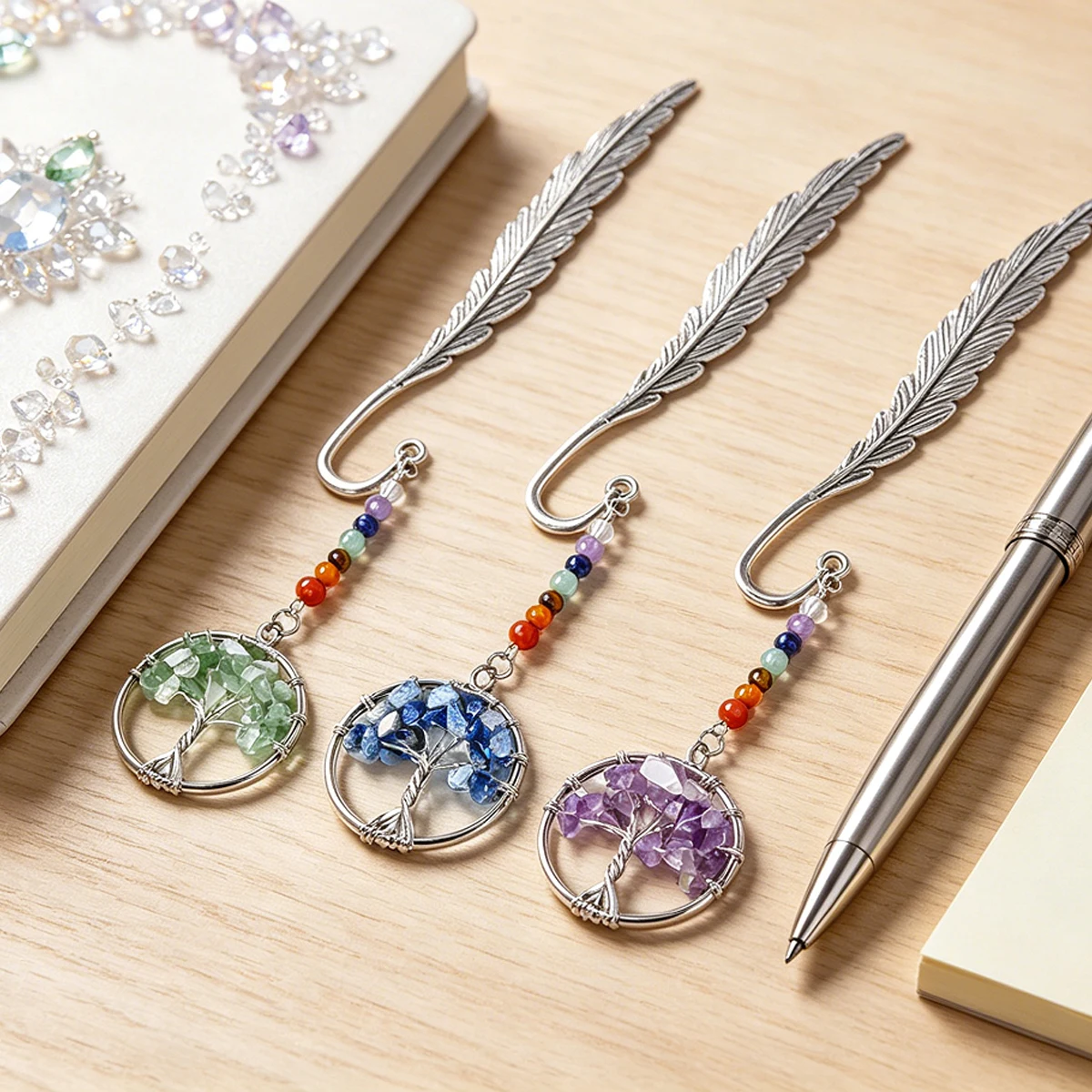1pc Tree of Life Feather Bookmark,7 Chakra Natural Crystal Chip Vintage Metal Book Mark,Student Reading Accessory Gift