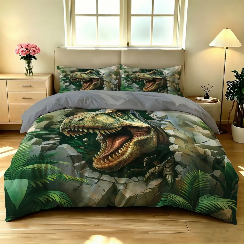 Jurassic T-Rex Duvet Cover Set 3 Piece Green Jungle Dinosaur Print Bedding Set with Pillowcases for Boys Room