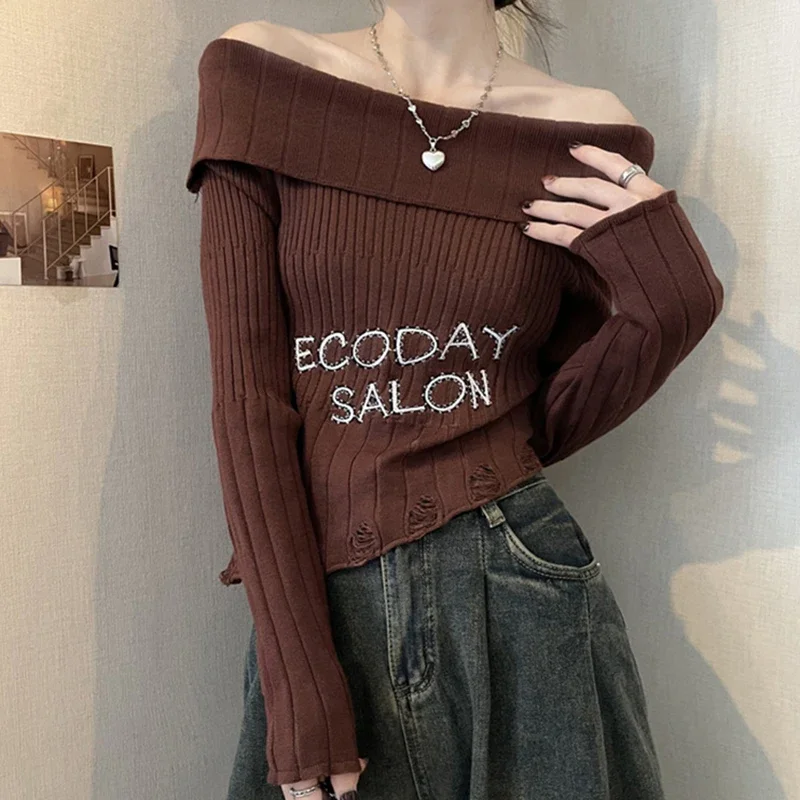 EVNISI Women Slash Neck Office Sweater Jumper Letter Printed Knit Sweaters Irregular Off Shoulder Sexy Pullovers Spring 2024