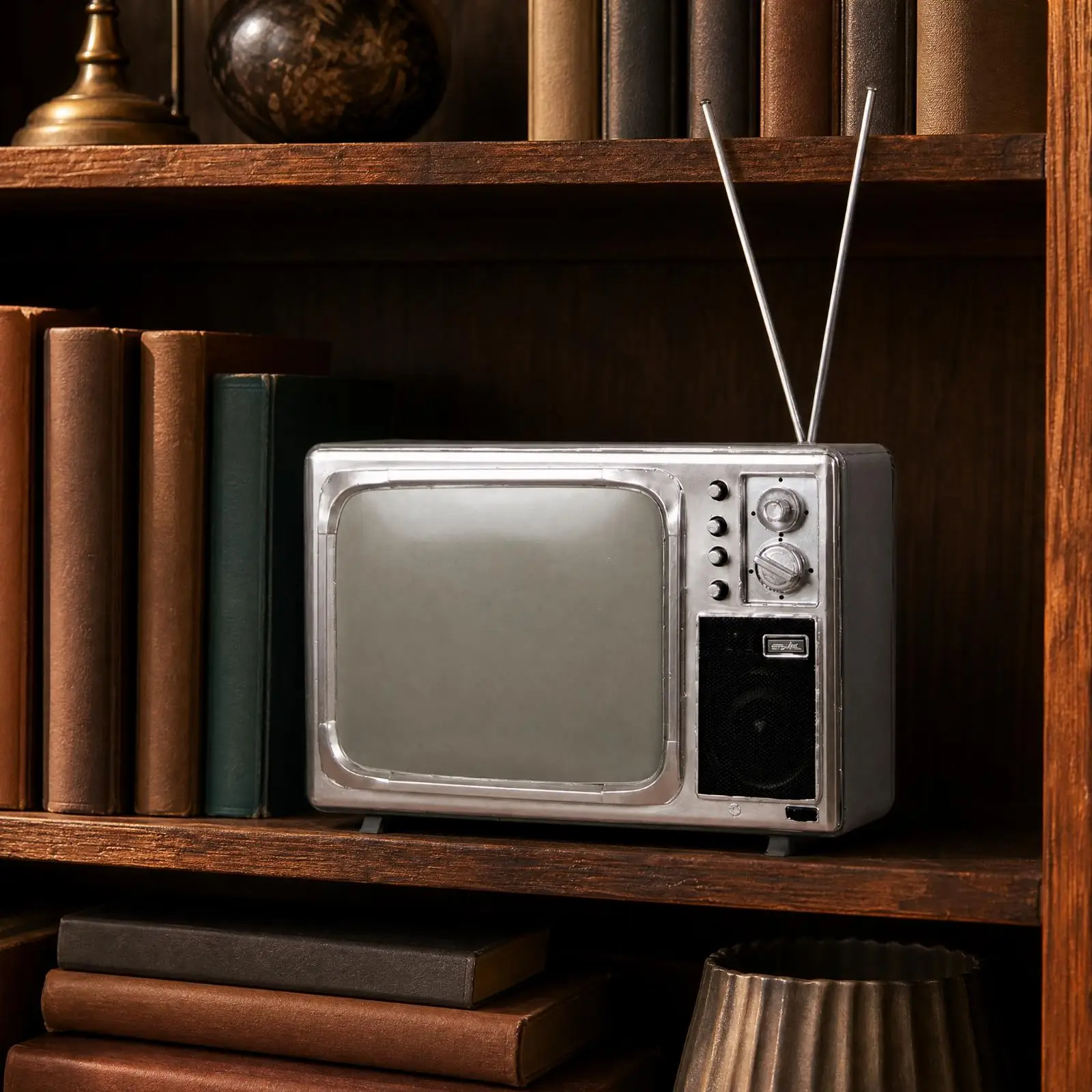 Vintage TV Display Prop Iron Retro Decorative Model with Antenna Knobs for Photo Booth Scene
