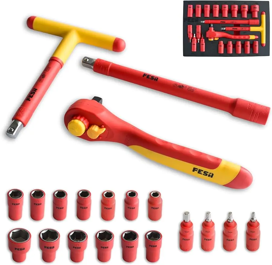 

Electrician Insulated Socket Set - 1000V 20-Piece Professional Insulated Ratchet & Socket Wrench Set (1/2" Drive) w/T-Handle,