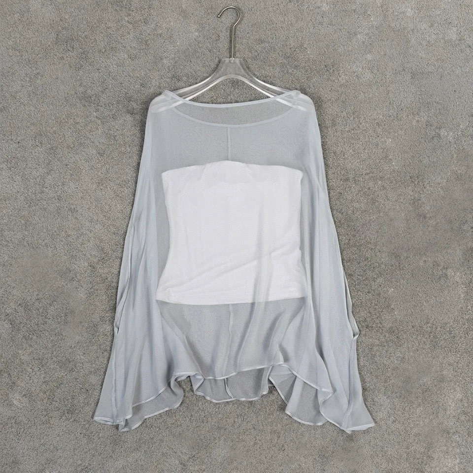 2026 Sheer Mesh Tube Top & Cape Set - Flowy Long Sleeve Overlay with Asymmetric Hem in Black & White for Elegant Summer Layering