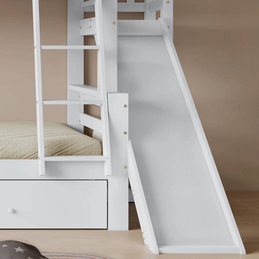 PINGGO Weißes Etagenbett Mutter-Kind-Bett Charakteristische Fenster 4-Stufige Rutsche 2 Schubladen Massivholzrahmen Ohne Matratze – Detail 19