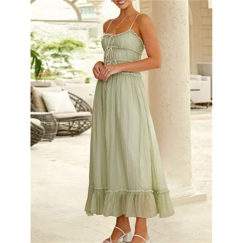 Abito estivo da donna 2025 Abito casual senza maniche con cinturino per spaghetti RIC Rac Trim Abito lungo da spiaggia con volant smock