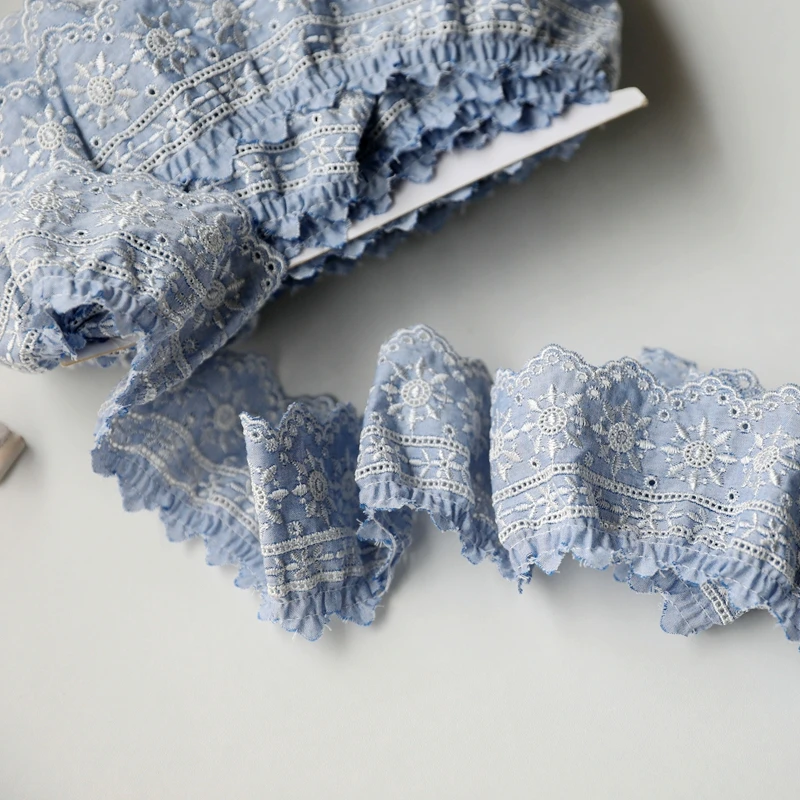 1 Meter 7CM Wide Blue Wrinkled imitation denim embroidered Lace Trim