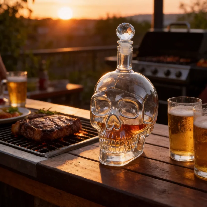 Clear Glass Skull Head Wine Decanter, Crystal Lid Liquor Bottle, Stylish Container for Vodka Whiskey Bar Decor