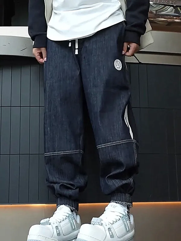 

Spring Autumn Waed Denim Belted Patchwork Loose Men's Casual Harem Pants Youth Trendy Wear Resistant Polyester Fiber