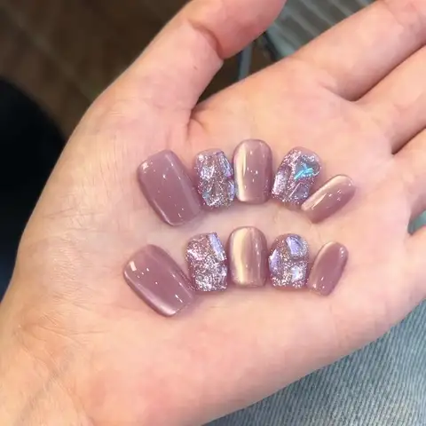 10pcs Coffin Press on Nails Purple Cat Eye Aurora Blue Gradient Nail Silver Gold Glitter Rhinestone False Nails for Daily Party