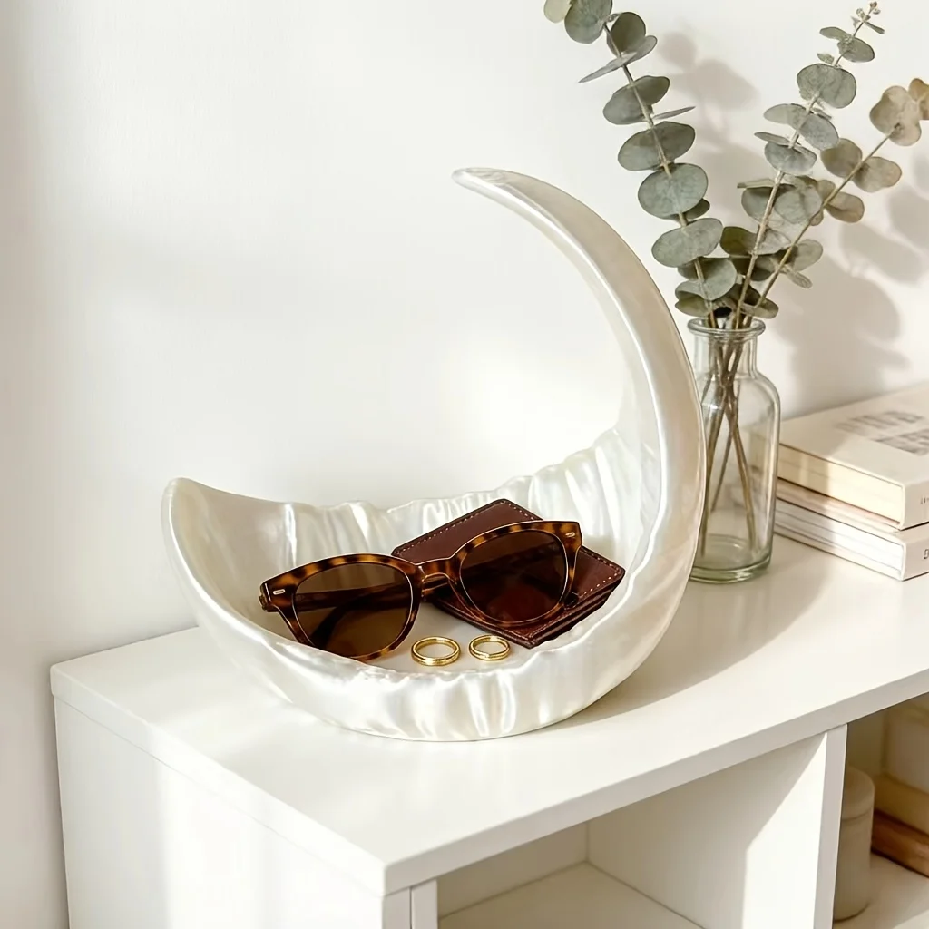 Pearl White Moon Jewelry Storage Tray, perfect for bedrooms, nightstands, vanities, living rooms, entryways, and more view 3