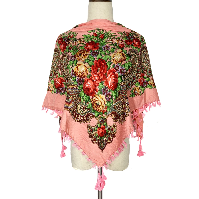 

Квадратный шарф в русском стиле, шаль, роскошные шарфы с цветочным принтом и бахромой, женские повязки на голову, платок, женский хиджаб, бабушка, бандана