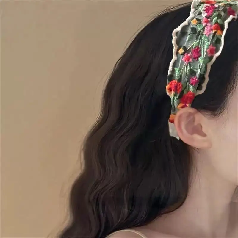 Beliebtes besticktes Blumen-Tüll-Stirnband für Damen – Vintage-Böhmisches Haarband-Accessoire – Detail 11