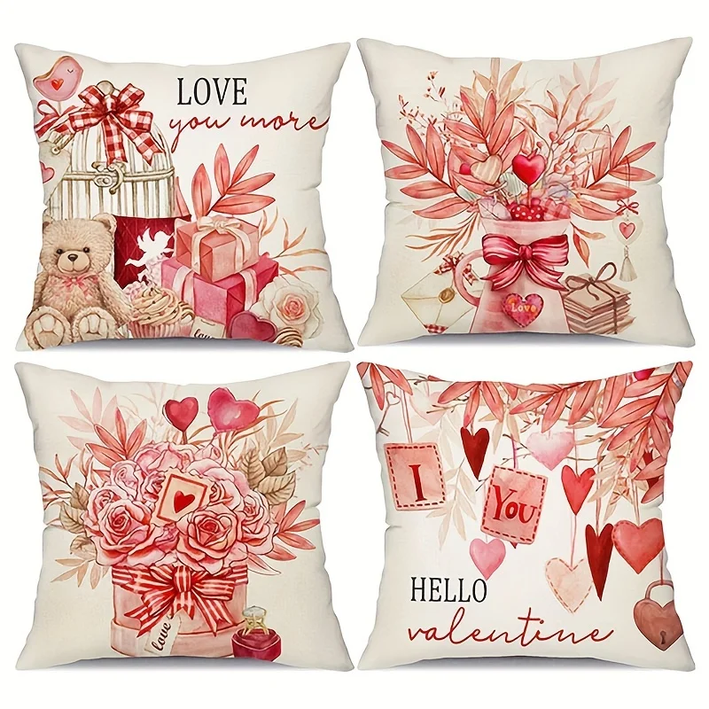 4 adet sevgililer günü L aşk U daha yastık kapakları 18x18 inç pembe hediye ayı gül hediye kutusu dekor atmak yastık yastık kılıfı kapakları