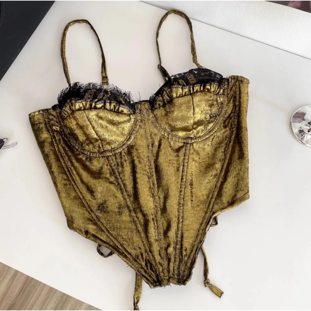 

Sexy asymmetrical lace sleeveless Tanks Top Vintage Corset Bustier Korean Women Party Sling Top Y2k