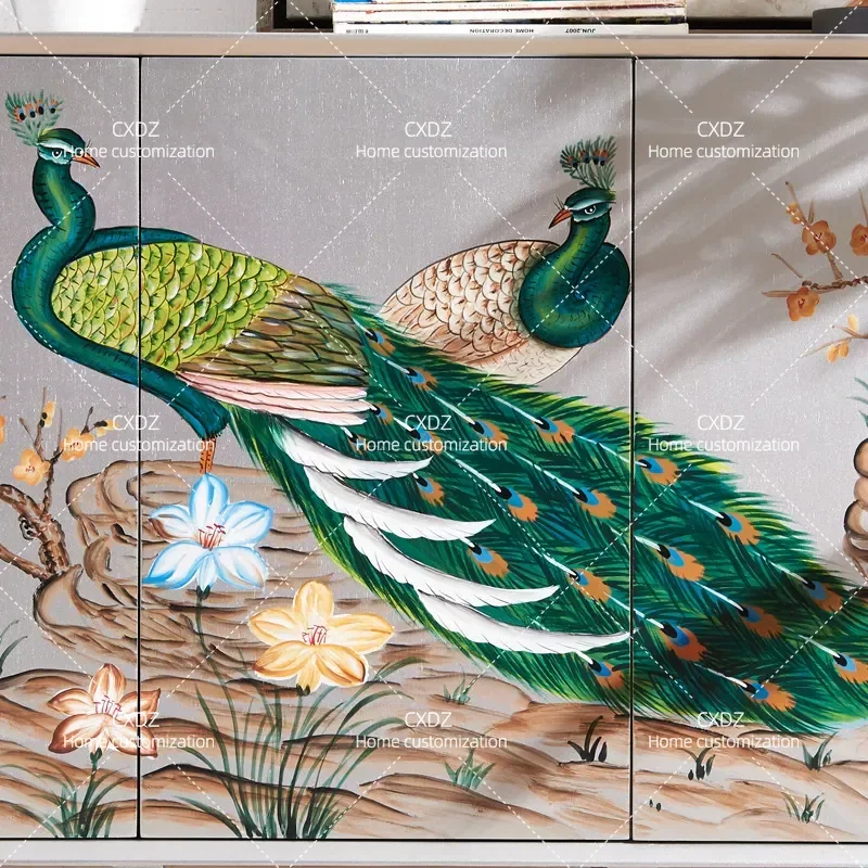 Hand Painted Peacock Cabinet All Solid Wood Light Luxury Porch Cabinet Living Room Storage High End Dining Sideboard Silver