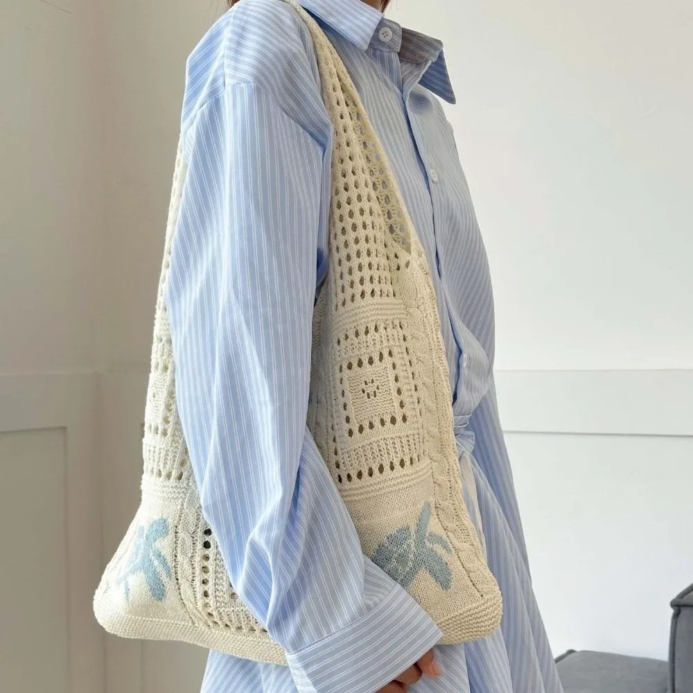 Trendy Large Capacity Crochet Tote Bag Embroidered Turtle Hollow Woven Bag Cotton Korean Style Knitting Handbag Spring