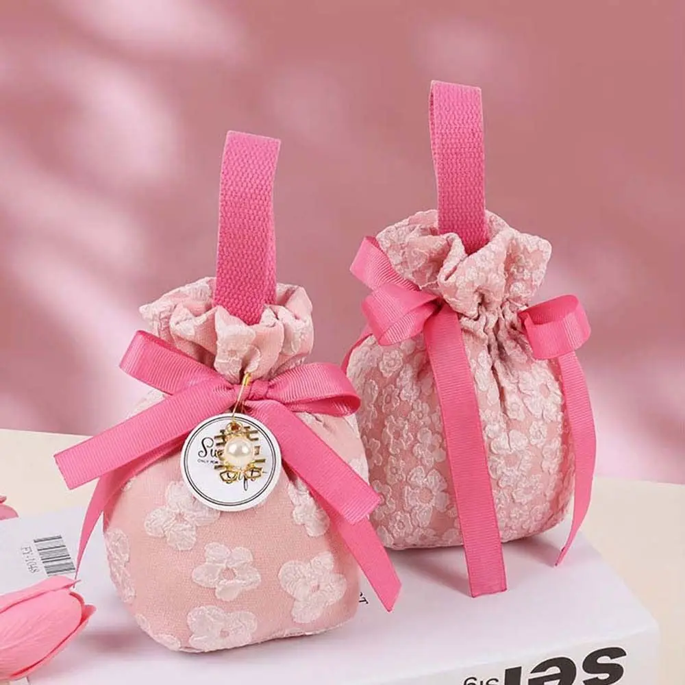 Sakura Canvas Floral Drawstring Bag Pearl Pendant Satin Bow Festive Sugar Bag Korean Style Coin Purse Wallet