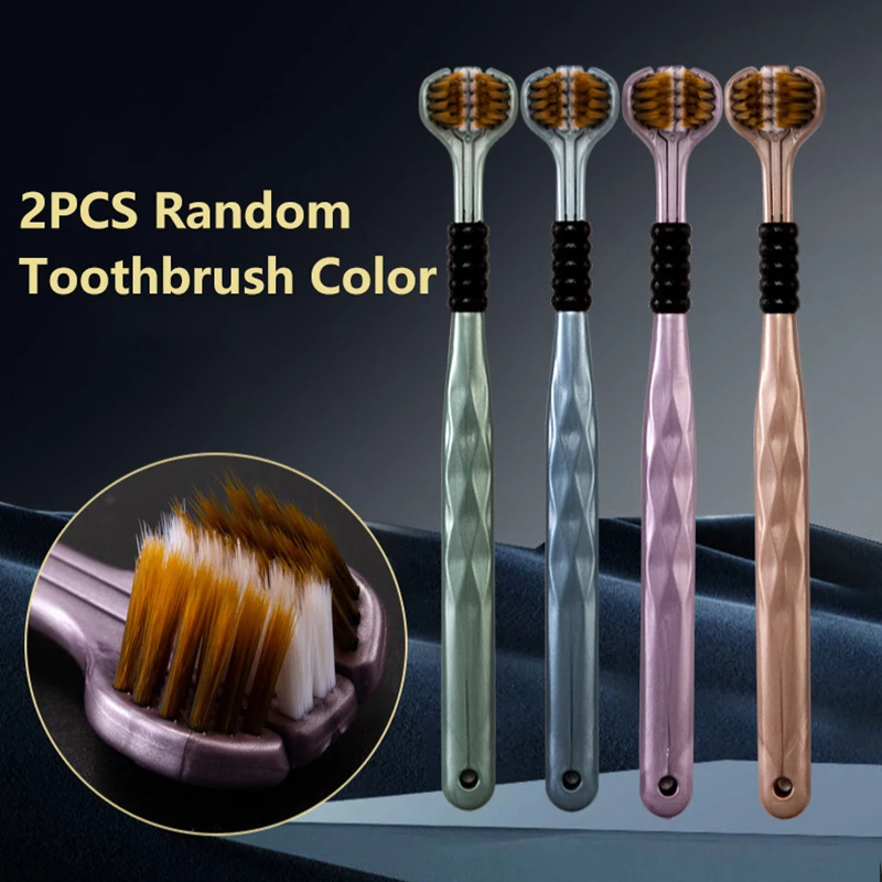 Random color 2pcs 3D Stereo Three-Sided Toothbrush Ultra Fine Soft Hair Adult Toothbrushes  360° Cleaning Teeth Brush