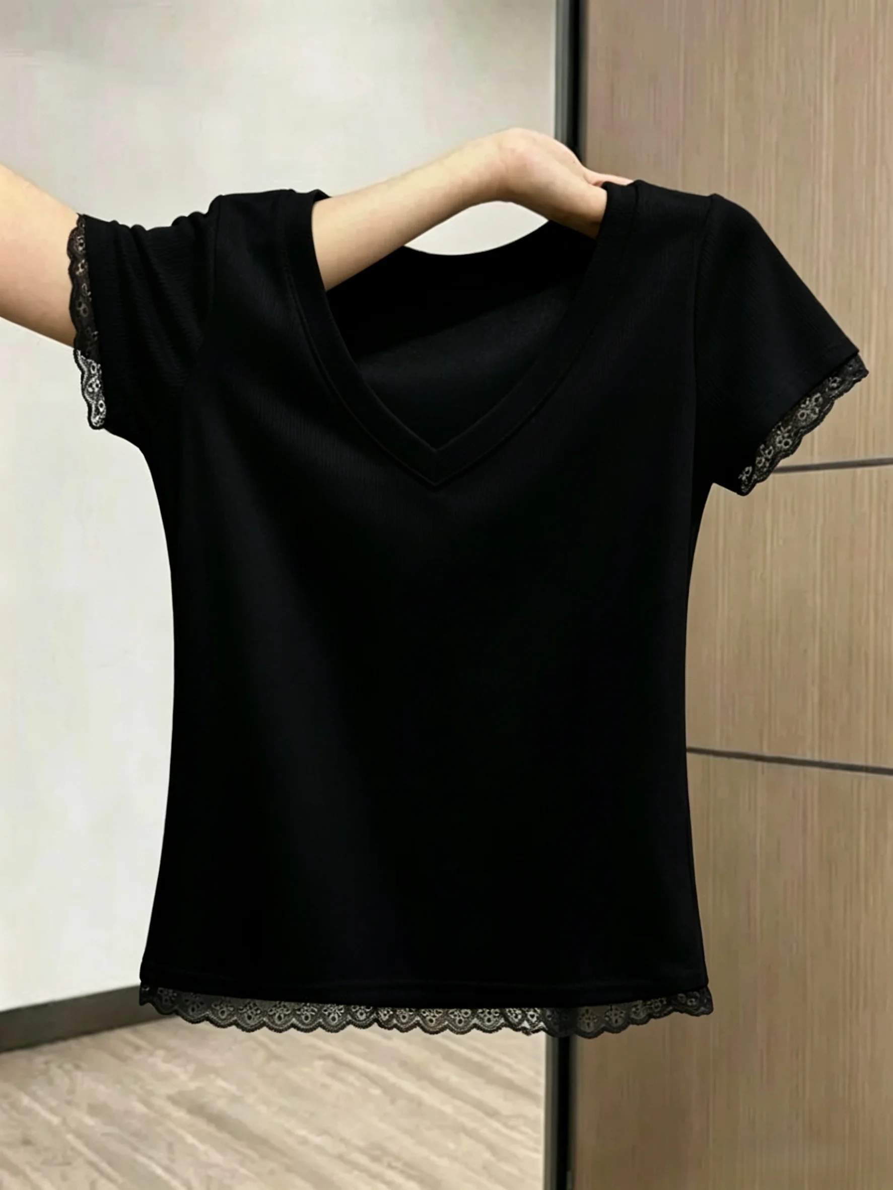 Summer New Women's Short Sleeve T-Shirt 95 Cotton V-Neck Lace Trim plus Size Regular Shoulder Fit Body Casual Top