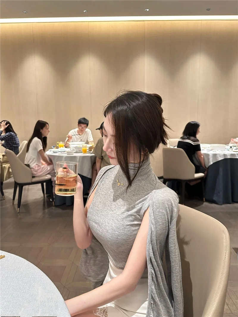 

Summer Faion High Collar Vest Women's Outerwear ow Body Two-Piece Set Pure Desire Trendy Sle Long Sve ort Length