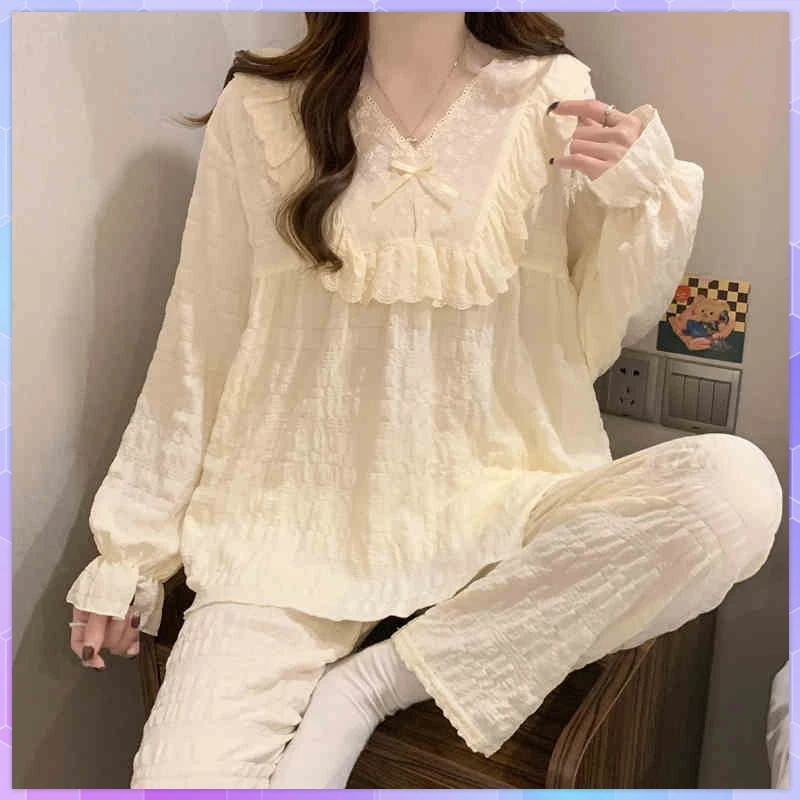 

Gauze Cotton Sleepwear Women's Pajamas With Pants Set 2 Pieces Female Bedroom Long Sleeved Pjs Home Suit Пижама Женская Комплект