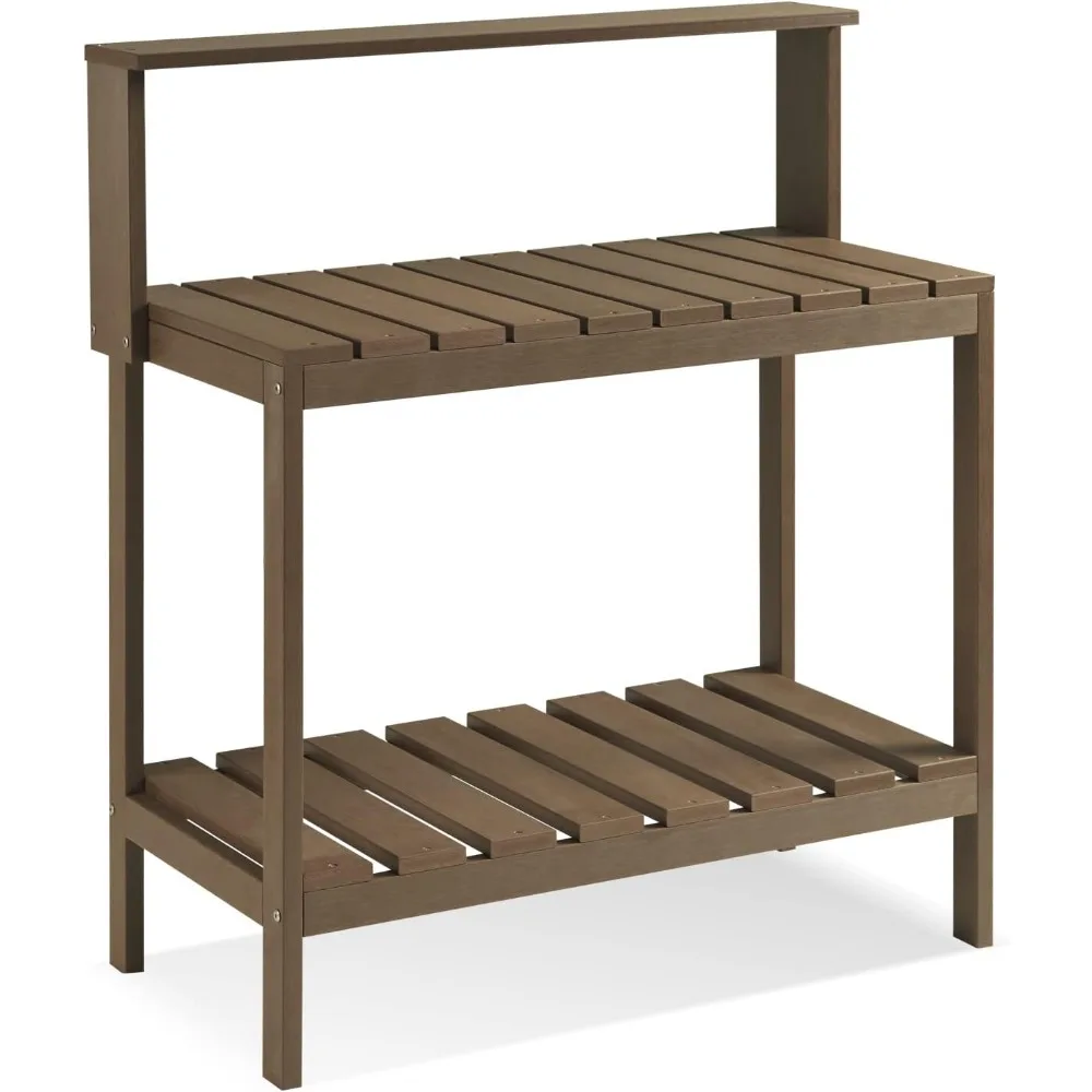 

Psilvam Outdoor Poly Lumber Potting Bench, Polystyrene Garden Table with Storage Shelves, All-Weather Patio Work Station for Gar
