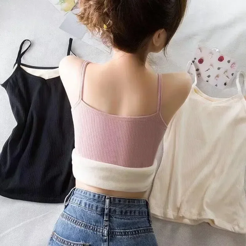 Warm Thickened Down Solid Sleeveless T-shirts Tops Crop Bras Sexy Underwear Women Color Tank Winter Fleece