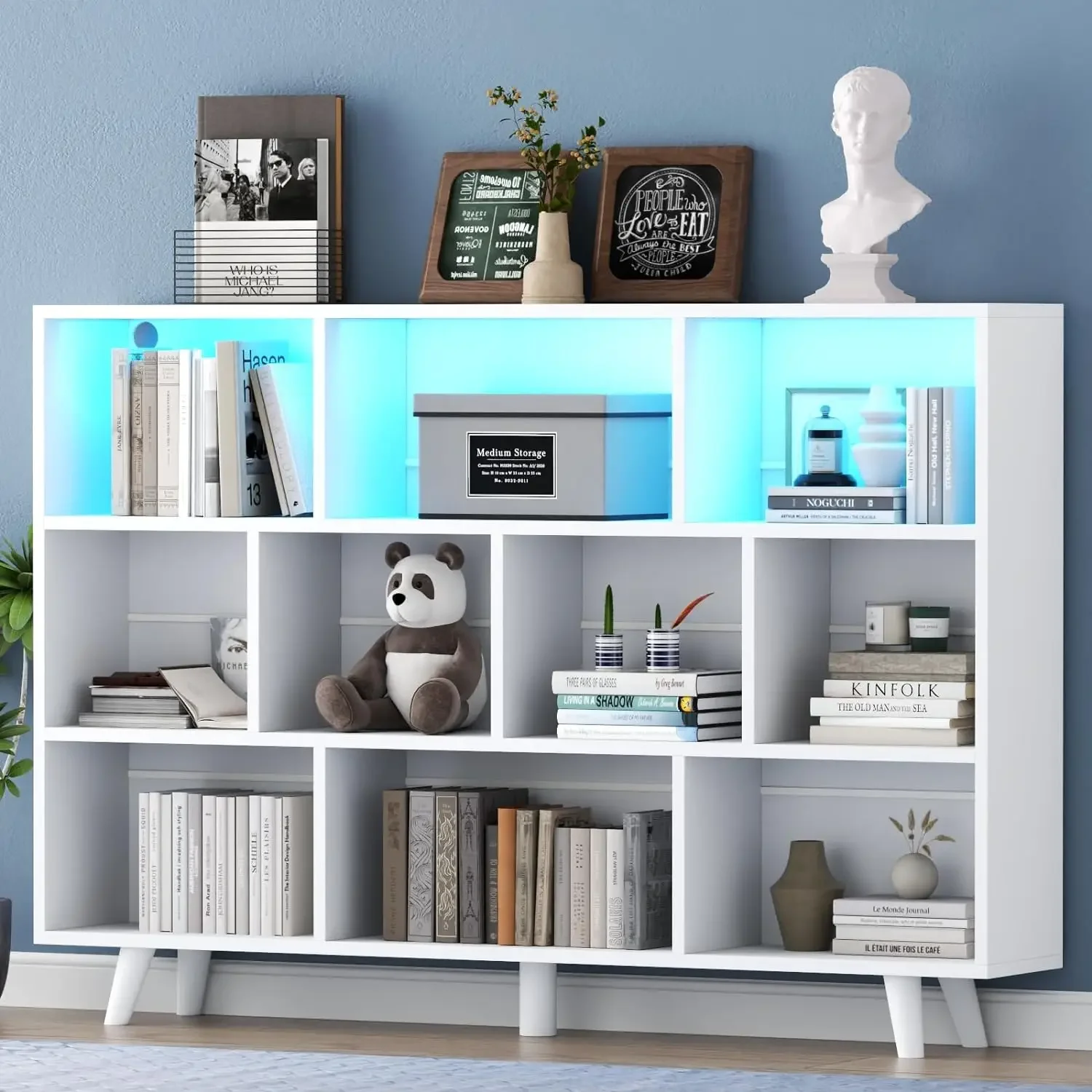 

10 Cube Book Shelf w/ LED Lights, 3-Tier White Bookcase w/ Solid Wood Legs Modern Open Storage Organizer Kids Bookshelf