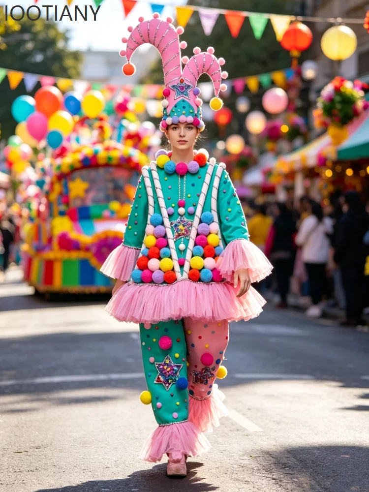 Circus Clown Jester Cospay Costume High End Customization Flower Street Parade Fancy Dress Carnival Stage Performance Hat Set