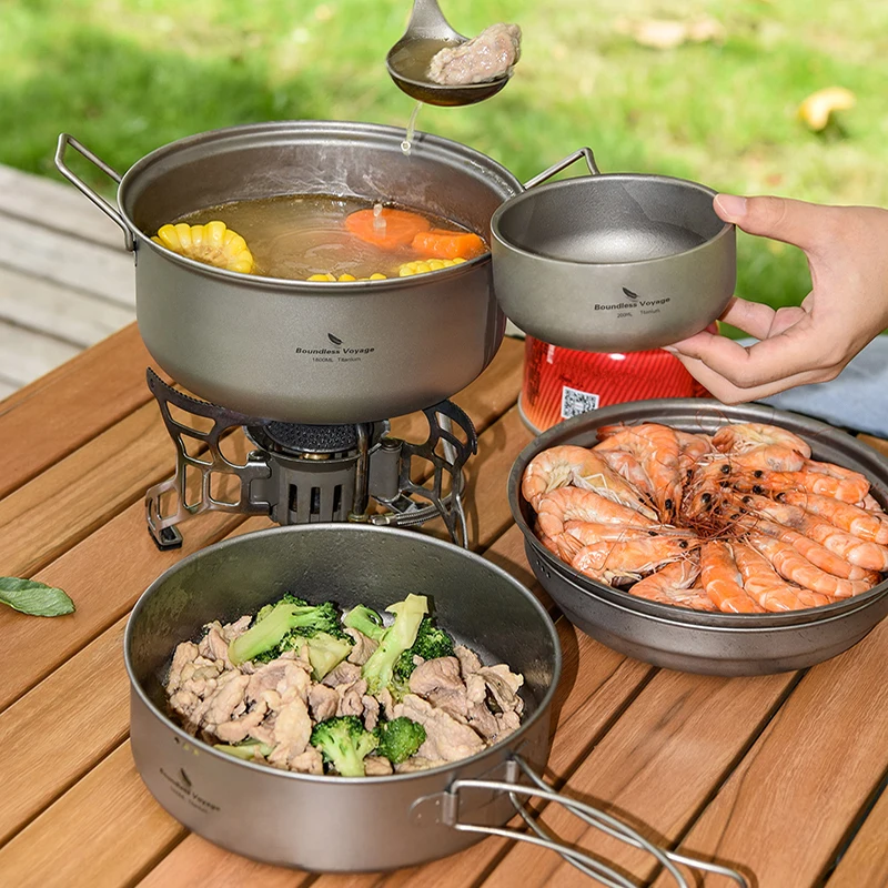 

Boundless Voyage Titanium Steamer, Stockpot and Fry Pan Set, Ultralight Outdoor Cooking Set Titanium Pot, Camping Soup Pan Kit