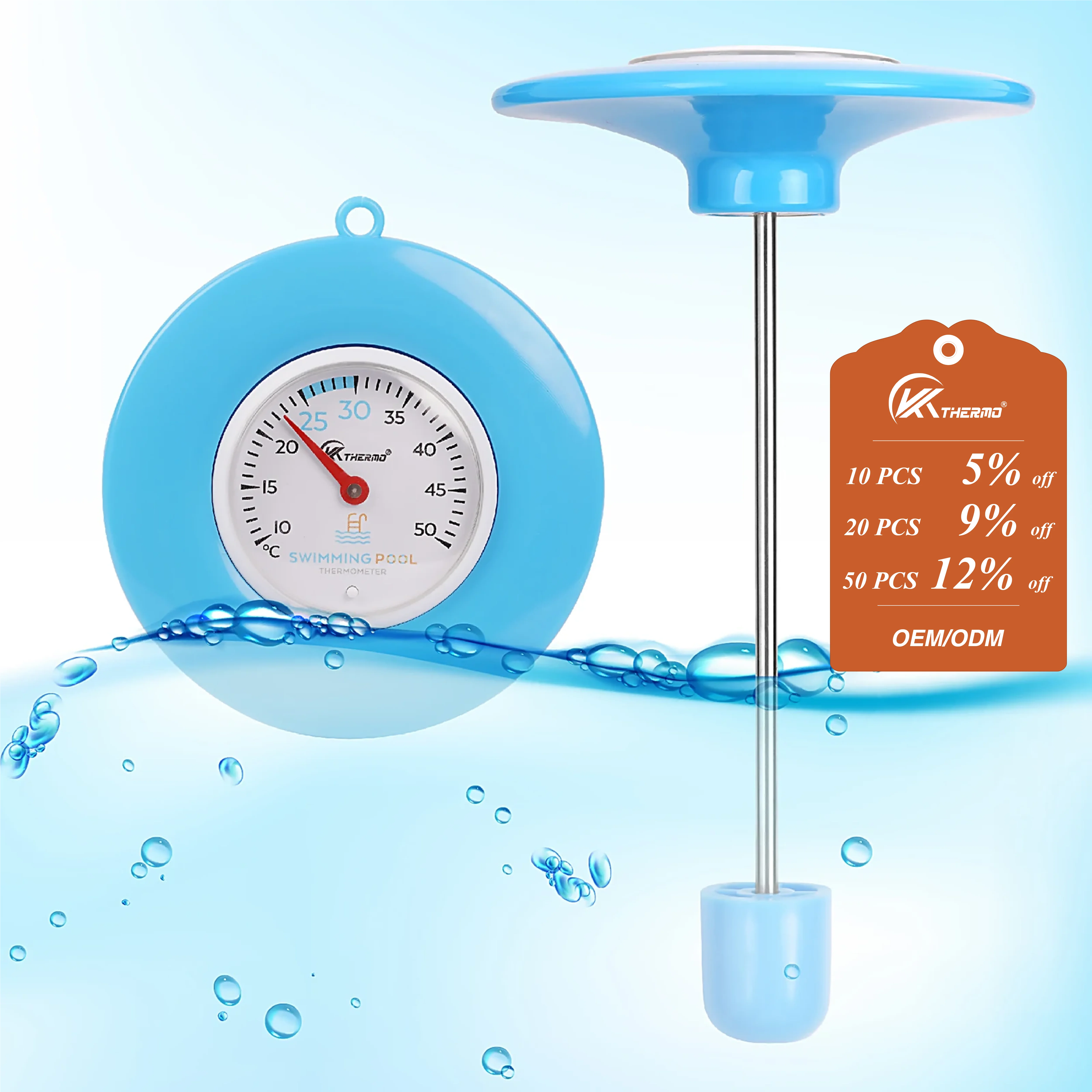 Floating Pool Thermometer 10-50°C – No Battery, Analog Dial for Swimming Pool, Spa & Fish Pond – With Rope and Suction Cup