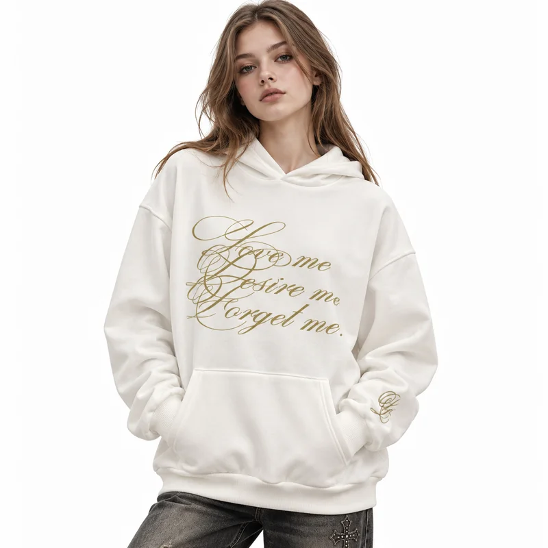 Autumn Winter Women Hoodie Oversized Long Sleeve Retro Script Text Print Front Back Graphic Pocket Daily Street Sweatshirt