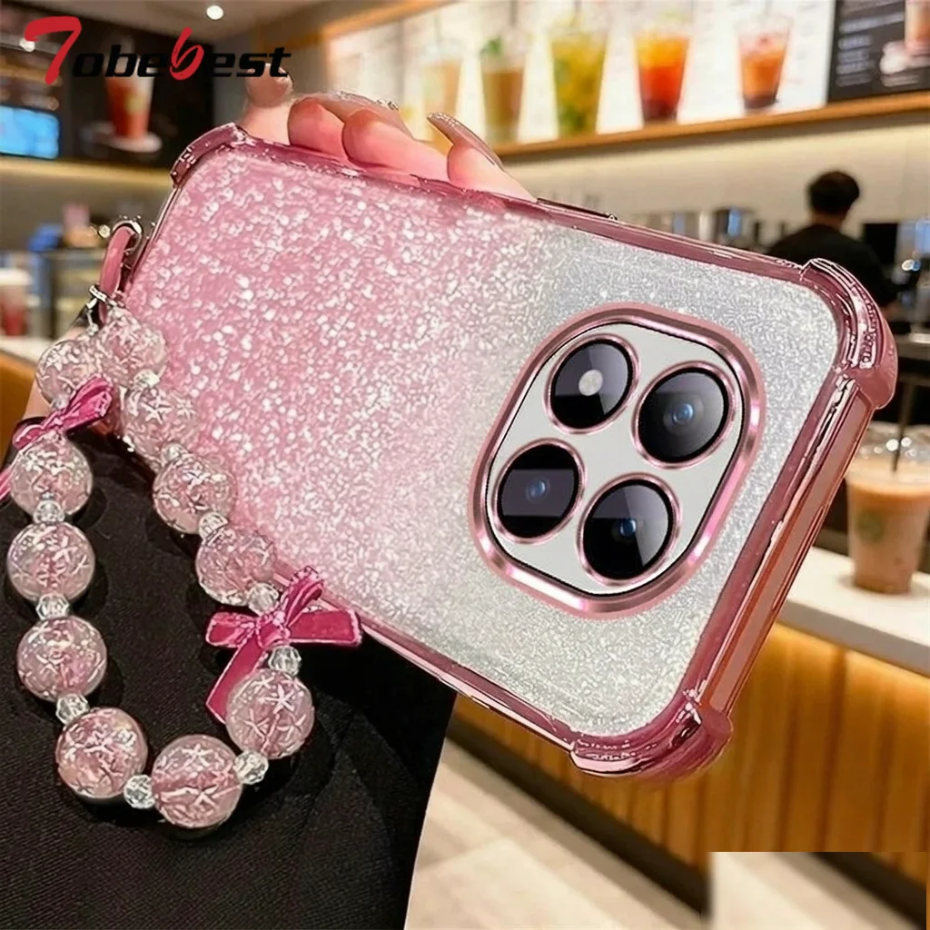 Glitter beaded bracelet Wrist Strap Case for Xiaomi Redmi Note 15 14 14S 13 13R 12 11 10 9 9S Pro Plus 4G 5G Shockproof Cover