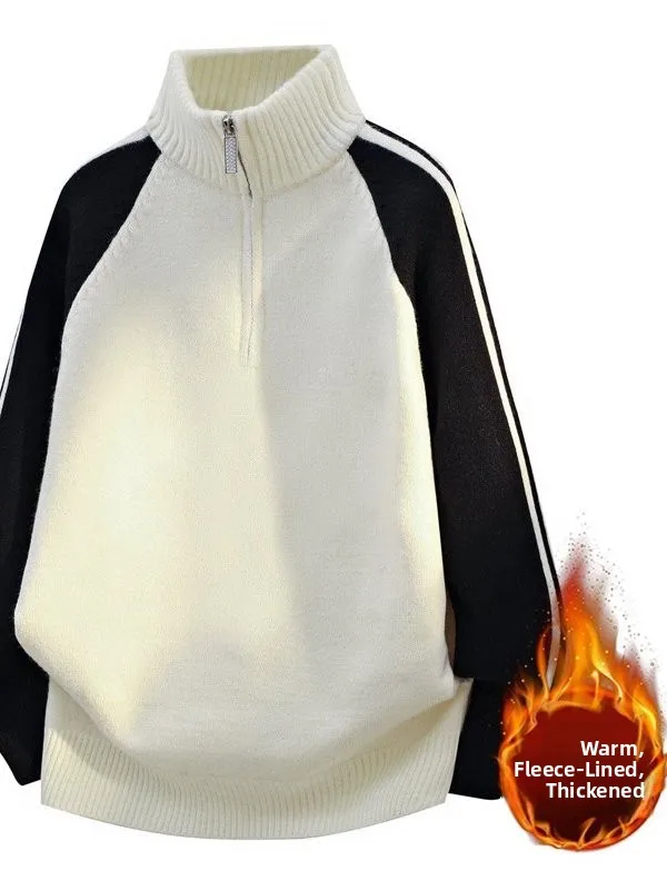 

Thiened f Zipper Fce Lined High Collar Knitted Sweater for Men Winter Warm Casual Sle Student Youth Faion Top