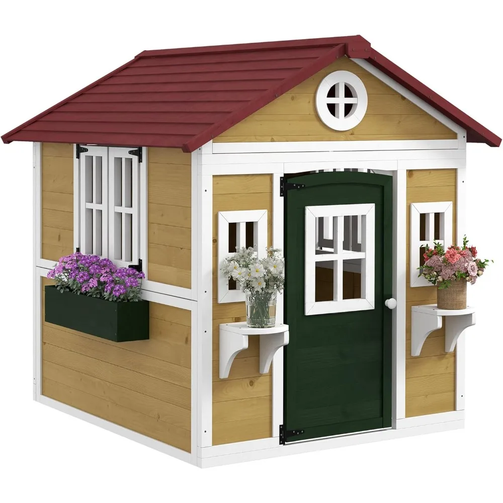 Playhouse for Kids Outdoor, Wooden Playhouse with Doors, Windows, Planter Pots and Boxes for Toddlers 3-8 Years, Amusement Park