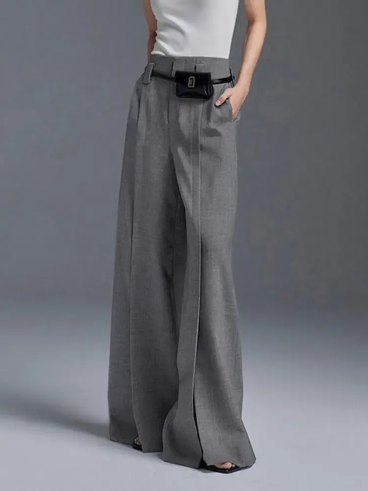 Krisnana Spring Casual Loose High Waisted Grey Trousers Korean Fashion Split-Front Pleated Wide Leg Pants For Office Lady