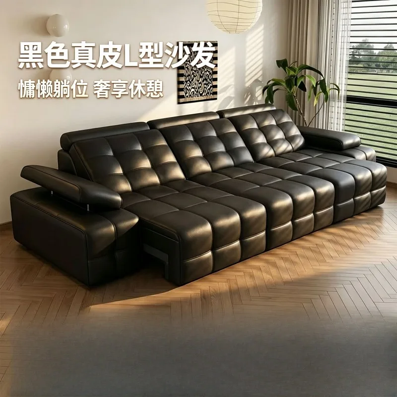 Leather sofa black modular large flat living room lazy leather sofa