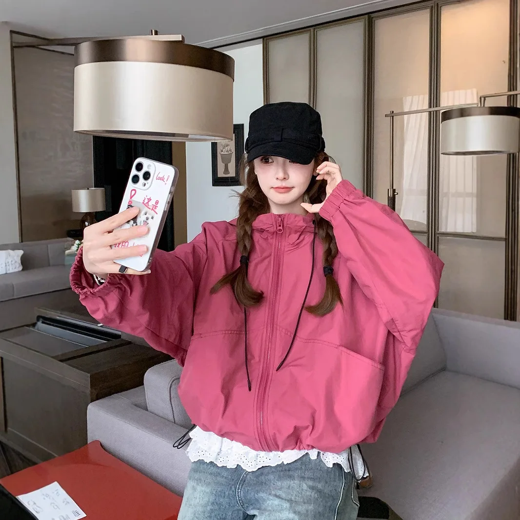 

Весенняя суперпопулярная модная куртка цвета розовой розы для миниатюрных женщин, куртка, топ, ветровка с капюшоном